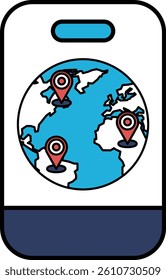A phone with a globe on it with three pins on it. The globe is blue and white