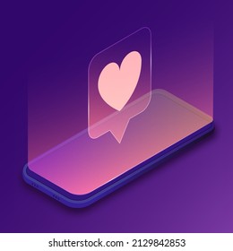 Phone with glowing Like icon on screen. Isometric phone with heart sign. 'Like' notification message from social networks. Vector illustration.