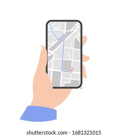 Icono de mapa de gps de teléfono. Teléfono en la mano