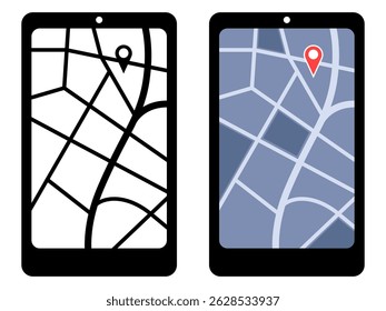 Teléfono con navegación por mapa GPS y un marcador de ubicación. Smartphone con aplicación de mapa. Gráficos de Vector aislados sobre un fondo blanco.