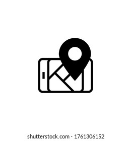 Icono del vector GPS del teléfono en glifo plano negro, estilo relleno aislado en fondo blanco