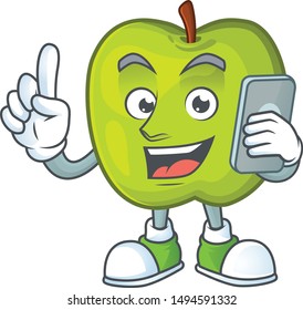 With phone granny smith in a green apple character mascot