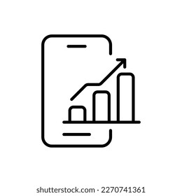 Telefon mit Graph und nach oben Pfeil Linie Symbol. Sparen, zinsgünstige Kredite, Einlage, Schutz der finanziellen Arrays, Sicherheit der Bankdaten, Versicherung. Vektorliniensymbol auf weißem Hintergrund