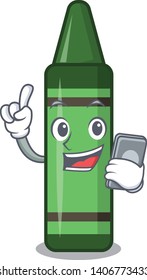 With phone green crayon above character wooden table