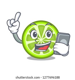 With phone green lemon slices in cartoon glass