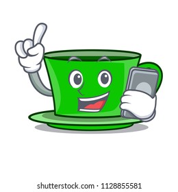 With phone green tea character cartoon