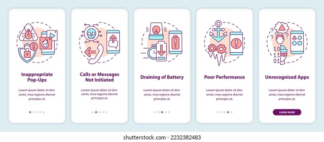 Phone hacking attack onboarding mobile app screen. Digital hazard walkthrough 5 steps editable graphic instructions with linear concepts. UI, UX, GUI template. Myriad Pro-Bold, Regular fonts used