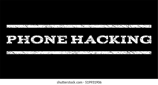 Phone Hacking watermark stamp. Text caption between horizontal parallel lines with grunge design style. Rubber seal stamp with dust texture. Vector white color ink imprint on a black background.