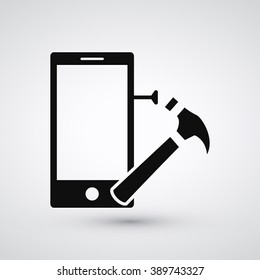 Phone with Hammer and Nail | Mobile Device Repairing | Vector Icon Element Graphic Illustration Design on white background