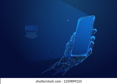 Phone in a hand. Abstract Low-poly wireframe vector technology illustration. Starry sky and cosmos style in blue color. Device screen and arm palm. Digital concept of gadgets and devices themes.