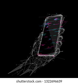 Phone In A Hand. Abstract Low-poly Wireframe Vector Technology Illustration. Device Screen And Arm Palm. Digital Concept Of Gadgets And Devices Themes. White Objects On Black Background With Glitch