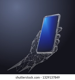 Phone in a hand. Abstract Low-poly wireframe vector technology illustration. Device blue screen and arm palm. Digital concept of gadgets and devices themes.