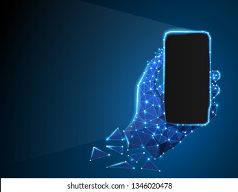 Phone in a hand. Abstract neon 3d illustration. Polygonal Vector technology concept of device, gadget, smartphone. Low poly wireframe, geometry triangle, lines, dots, polygons on blue background