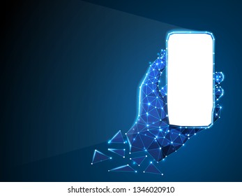 Phone in a hand. Abstract neon 3d illustration. Polygonal Vector technology concept of device, gadget, smartphone. Low poly wireframe, geometry triangle, lines, dots, polygons on blue background