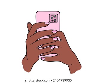 phone in hand of American or African woman. Vector Illustration for printing, backgrounds and packaging. Image can be used for greeting cards, posters and stickers. Isolated on white background.