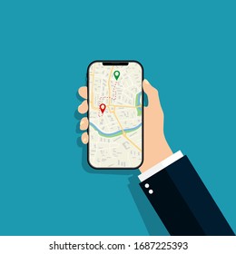 Phone In Hand With App Of Map. Smartphone With Gps City App. City Graphic Navigation And Location In Device. Screen Navigator For Search Streets, Ways. Icon For Web And Smart Guide Application. Vector