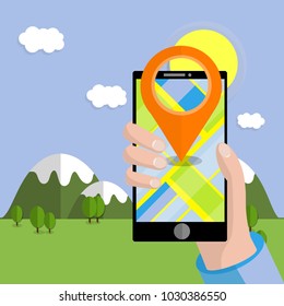 Phone in hand with the app to navigate the search path in the mountains. natural landscape. tourist destination. green meadows and hills. sunny spring day - cartoon flat illustration

