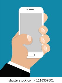The Phone In The Hand With a blank Screen (Template) Is a Flat Style. Smartphone In Hand For Your Application, Vector Illustration, Flat Style, Cartoon Hand And Phone