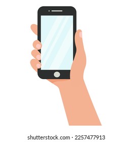 Phone in hand with blank screen. Vector illustration.