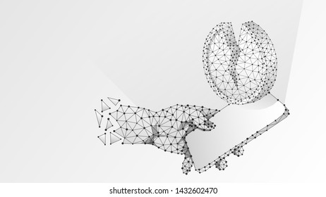 Phone in a hand, Broken Coin on mobile screen. Money downtrend, investment application concept. Abstract, digital, wireframe, low poly mesh, polygonal Vector white origami 3d illustration. Dot, line