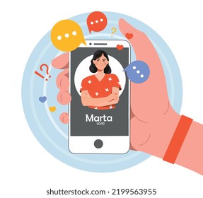 Phone in hand. Character communicates with friend on social networks, responds to messages in instant messengers. Video call or conference. Gadgets and devices. Cartoon flat vector illustration