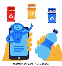 Phone in hand with chat bot which helps in sorting the garbage flat illustration.Assistance online.Chat bot helps you understand which tank to throw plastic in.Tanks for separate garbage collection