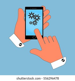 Phone in hand with the cogs on the screen. isolation on a blue background. stylish vector illustration for web design
