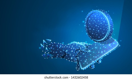 Phone in a hand with Coin on mobile screen. Money, investment application concept. Abstract, digital, wireframe, low poly mesh, polygonal Vector blue neon 3d illustration. Triangle, line, dot