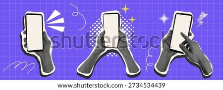 Phone in hand cutout halftone collage elements. Pop art set retro phone with empty screen sticker. Social media poster. App cover mockup. Smartphone blank display.