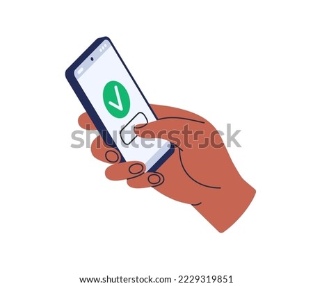 Phone in hand, entering right correct password for security. Unlocking smartphone with check mark on screen. Login, safe access concept. Flat graphic vector illustration isolated on white background