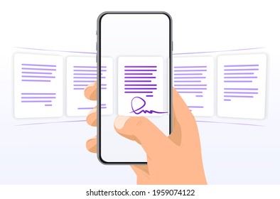 Phone in hand with files. Scroll, select a files, documents on your phone. Process, classification, database. Flat vector illustration. Landing page, template, web,  banner, homepage.