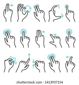 Phone hand gestures. Hand gesture for touchscreen devices, slide touch phone. Zoom move swipe press touching finger actions, vector symbols set