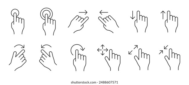 Phone hand gestures. Hand gesture for touchscreen devices, slide touch phone. Zoom move swipe press finger actions, vector symbols set