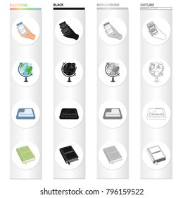 Phone in hand, globe, translation button, dictionary. Interpreter set collection icons in cartoon black monochrome outline style vector symbol stock illustration web.