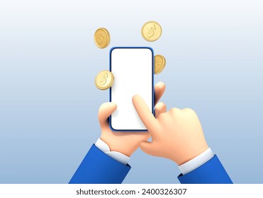 Phone in hand and gold coins. Online payment concept. Money transfer on smartphone. Mobile wallet. Cashback and banking. Vector 3d illustration
