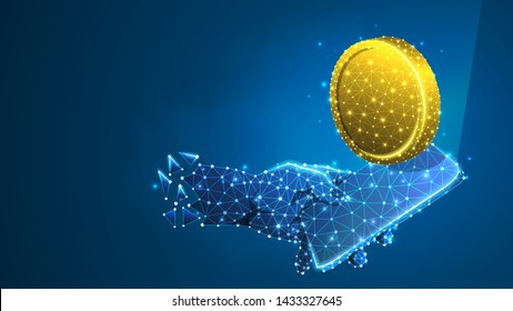 Phone in a hand with Golden Coin on mobile screen. Money, investment application concept. Abstract, digital, wireframe, low poly mesh, polygonal Vector blue neon 3d illustration. Triangle, line, dot