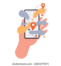 Phone in hand with gps location. Mobile screen with open gps navigator vector illustration