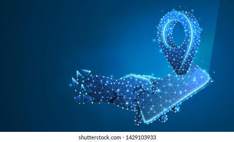 Phone in a hand, GPS location Pin. Business travelling, navigation technology, smartphone map concept. Abstract, digital, wireframe low poly mesh vector blue neon 3d illustration. Triangle line dot