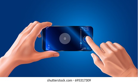 The Phone In Hand. Horizontal View. Video Or Photo Camera Viewfinder Recording Interface. VECTOR