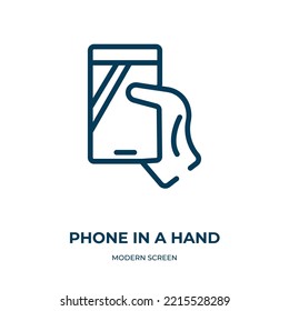 Phone in a hand icon. Linear vector illustration from modern screen collection. Outline phone in a hand icon vector. Thin line symbol for use on web and mobile apps, logo, print media.