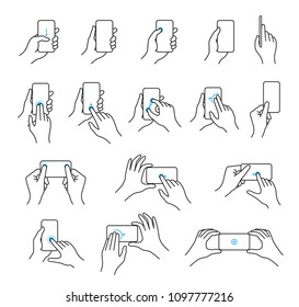 Conjunto de iconos de teléfono en la mano. Símbolo de mano de arte en línea que contiene teléfono, dispositivo móvil con pantalla táctil. Ilustración de vectores aislada en fondo blanco