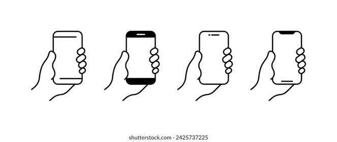 Phone in hand icon set. Phone screen mockup. Linear style. Vector icons