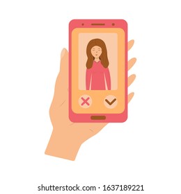 Phone in hand with the image of a girl on the screen and selection buttons. Application for dating. Online dating app - modern colorful thematic vector  illustration on white background