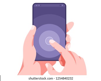 Phone in hand isolated on white background. Smartphone in hand and finger touches the screen. Flat design. Vector illustration
