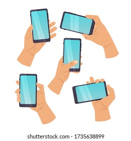 Handy in einer Hand isoliert auf weißem Hintergrund. Handgehaltenes Smartphone. Weiße Hand mit schwarzem Smartphone.  Zeichensatz für flache Vektorgrafiken
