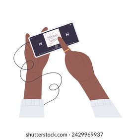 Phone in hand listening to music. Smartphone musical player cartoon vector illustration