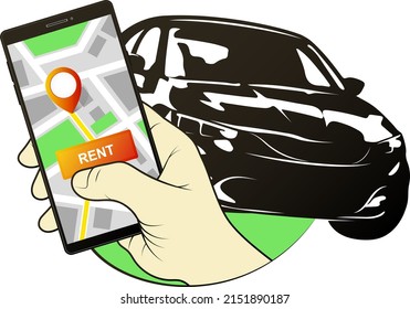 Phone in hand looking for car rental. Search for carsharing online on the Internet