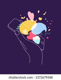 Phone in hand with love messages symbols drawing thin lines on blue background