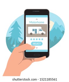 Phone in the hand of a man. Choosing and renting a camper via the Internet. Vector illustration, template.