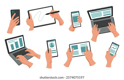 Phone in hand. Man holding digital tablet. Laptop keyboard. Mockup of smartphone. Computer screen. Smart mobile technology. Electronic cellphone. Gadget in arm palm. Vector tidy cartoon devices set